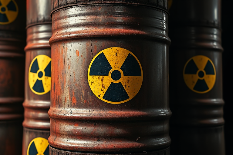 Generate a highly detailed image of a stacked barrel with a rusty texture and a radioactive symbol, shot with a Canon EOS R5 at f/8, 1/60s, ISO 100, in a macro view with dramatic lighting to enhance the textures and colors.