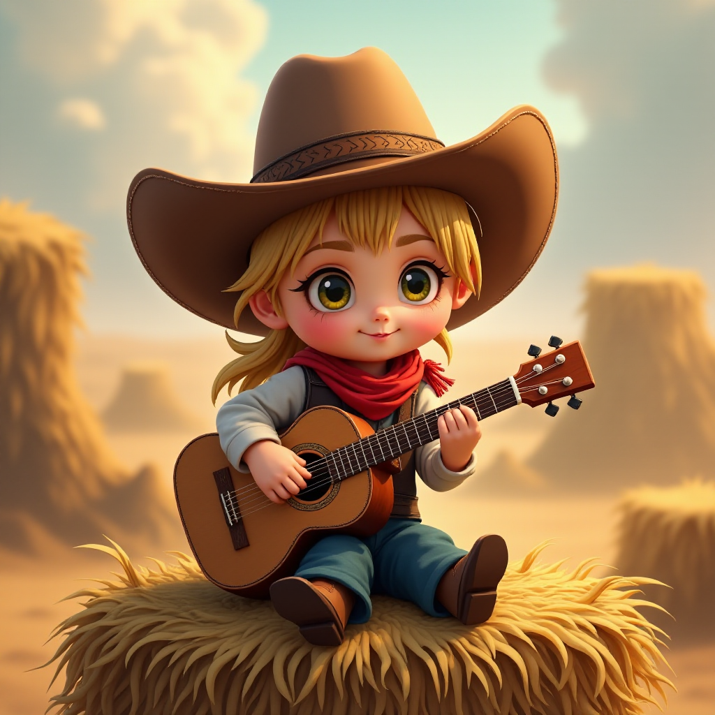 A chibi angelina jolie, dressed as a cowboy, playing guitar, sitting on a hay bale