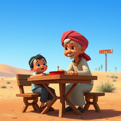 A cartoon scene depicting an elderly person in traditional attire and a young child sitting at a wooden table in a desert-like landscape, with a blue sky and a distant hotel sign; shot with a Canon EOS R, 24mm lens, f/4 aperture, 1/125s shutter speed, natural lighting for vibrant colors.