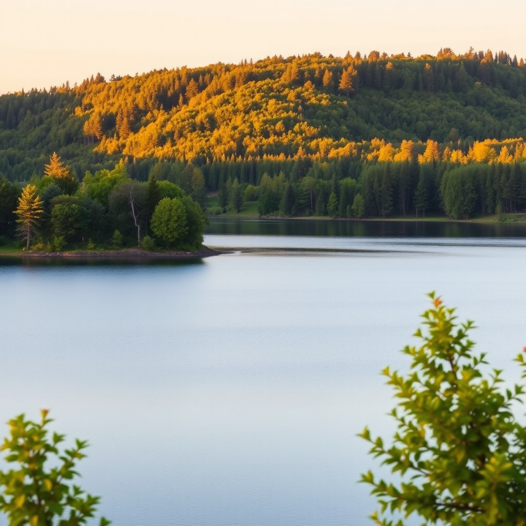 Create an image of a serene landscape featuring a tranquil lake surrounded by lush green trees, captured with a Canon EOS R5, 24mm lens, f/8 aperture, ISO 100, golden hour lighting, with a focus on vibrant colors and high detail.
