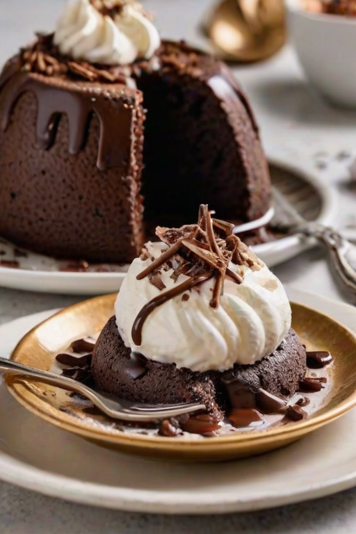 Generate an image of a rich chocolate lava cake with a gooey chocolate center, topped with whipped cream and chocolate shavings. The cake is served on a decorative plate with a golden fork beside it, and there are remnants of melted chocolate around the plate. The background should be softly blurred to emphasize the dessert.