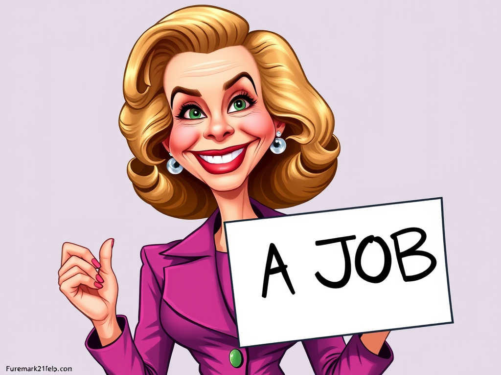 caricature of a smiling Lauren Bacall in a Vivid dress or suit, holding up a sign that says "NEED A JOB", no watermark,