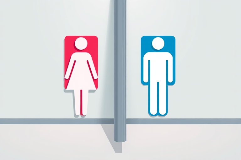 Create an illustration of two stylized restroom signs, one female and one male, standing on either side of a vertical divider, using a high-resolution digital art style, shot with a DSLR camera at f/2.8 aperture, 50mm lens, and ISO 100 for a crisp and vibrant look.