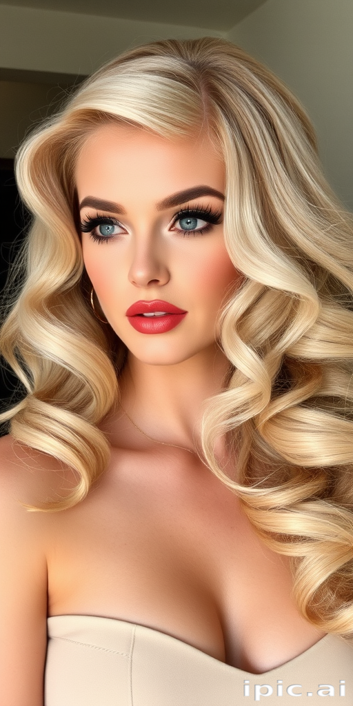 Platinum blonde bombshell flaunting a glamorous Hollywood-inspired hairstyle with voluminous curls, side-swept bangs, and a deep side part for added drama