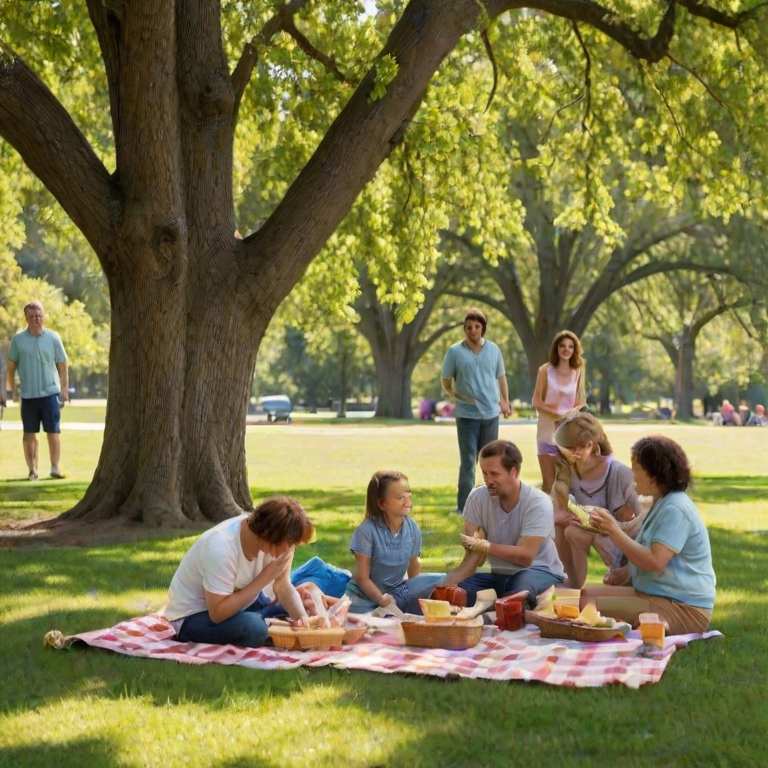 Family gathering at a picnic in the park, blankets spread out on the grass, children playing frisbee nearby, and adults enjoying sandwiches and laughter under the shade of a large oak tree.