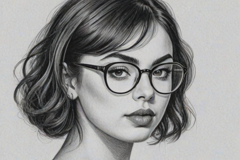 Enticing Charli XCX, pencil sketch, portrait of Enchanting woman 1929s in glasses, hair style beatnik, outline, clear lines, fine lines, 8k