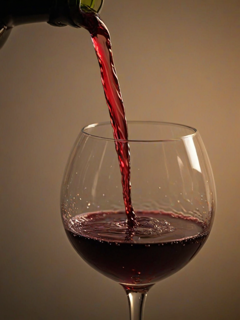 Sharp, detailed close-up of a glass of red wine being poured, tiny bubbles forming at the surface, with the soft glow of candlelight reflecting off the deep burgundy liquid.