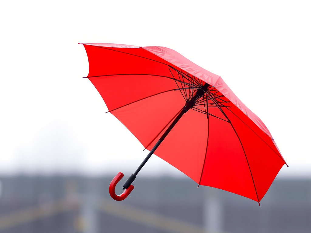 Create a high-resolution illustration of a red umbrella with a curved handle, using a wide aperture of f/2.8 for a shallow depth of field, shot from a slightly low angle to highlight the canopy, with vibrant colors and sharp details, simulating a digital camera type like a Canon EOS with a focal length of 50mm.
