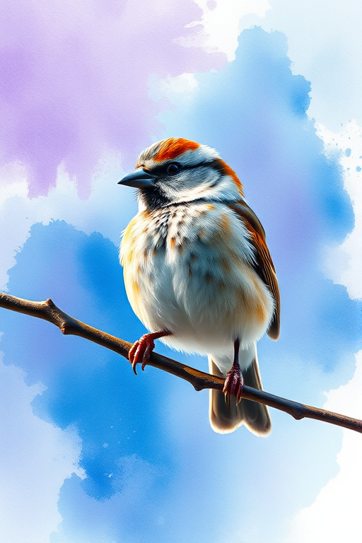 A vibrant watercolor painting of a sparrow perched on a branch, with soft splashes of blue and purple in the background, captured with a Canon EOS R5, 85mm lens, aperture f/4, ISO 100, 1/250 sec shutter speed.