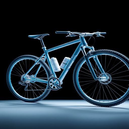 Create a high-resolution image of a mountain bike in an x-ray style on a black background, using a Canon EOS 5D Mark IV with a 24-70mm f/2.8 lens, exposure time of 1/125 sec, ISO 100, f-stop at f/8, shot from a low angle to emphasize the bike's structure and details.