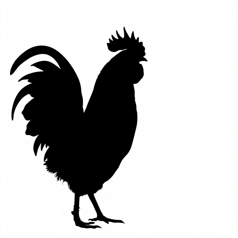 Create a detailed silhouette of a rooster with high contrast against a white background, shot with a Canon EOS 5D Mark IV, aperture f/2.8, shutter speed 1/200s, ISO 100, in a portrait view, using soft natural lighting for enhanced clarity.