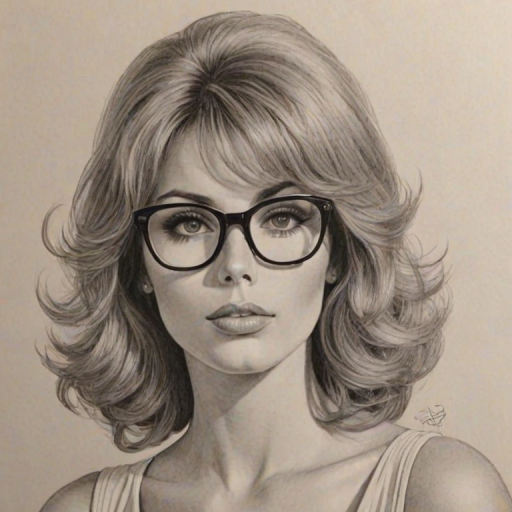 Resplendent Tina Louise, pencil sketch, portrait of Fascinating woman 1969s in glasses, hair style beatnik, outline, clear lines, fine lines, 8k