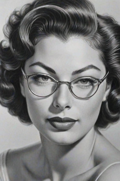Comely Ava Gardner, pencil sketch, portrait of Exquisite woman 1942s in glasses, hair style beatnik, outline, clear lines, fine lines, 8k