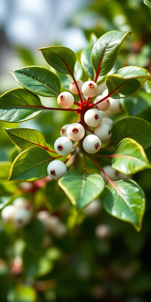 Generate a vibrant close-up image of mistletoe with glossy leaves and white berries in natural daylight, using a 50mm lens, f/2.8 aperture, ISO 100, and focal length of 50mm, in macro photography style.