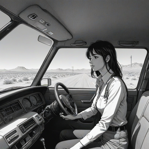 score_9, score_8_up, score_7_up,<lora:H001PXL:1>,<lora:add-detail-xl:.3>,  manga, monochrome, comic, side shot, flat angle,
highway, desert, driver, interior,
 zPDXL