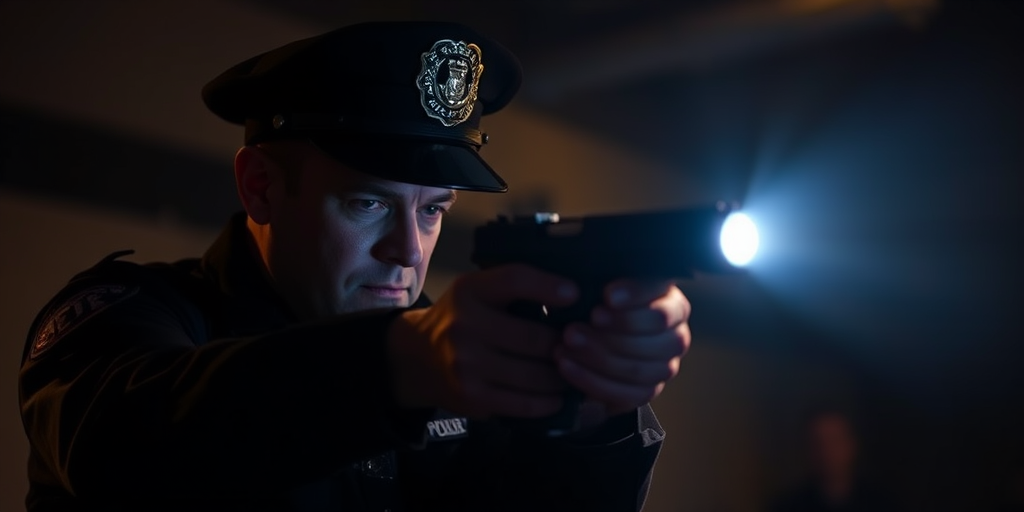 Create an image of a police officer aiming a gun in a dimly lit environment, focused on the beam of light from the flashlight, using a DSLR camera with a 50mm lens, aperture set to f/1.8, ISO 800, and a shutter speed of 1/60 seconds, shot from a low angle to emphasize the tension in the scene.