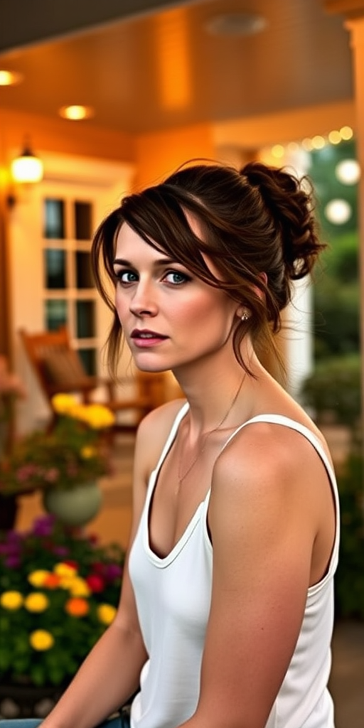 A photo of Jessica Chastain with a background of a cozy porch. She has dark hair pulled back in an updo, with tendrils framing her face. She wears a white tank top and sits on the porch. The porch is part of a well-lit home with a warm, earthy tone and colorful flowers and foliage. The overall scene has a warm, welcoming, and comfortable ambiance.
