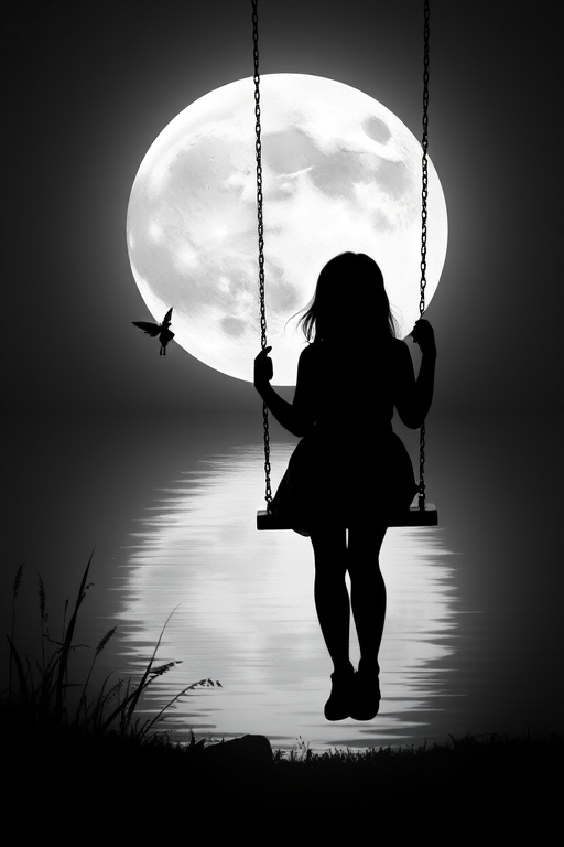 A silhouette of a girl on a swing facing a large, full moon over a calm water surface, with a fairy flying nearby, captured with a DSLR camera at f/2.8, 50mm lens, ISO 100, and a long exposure of 5 seconds, in high contrast black and white with a dreamy aesthetic.