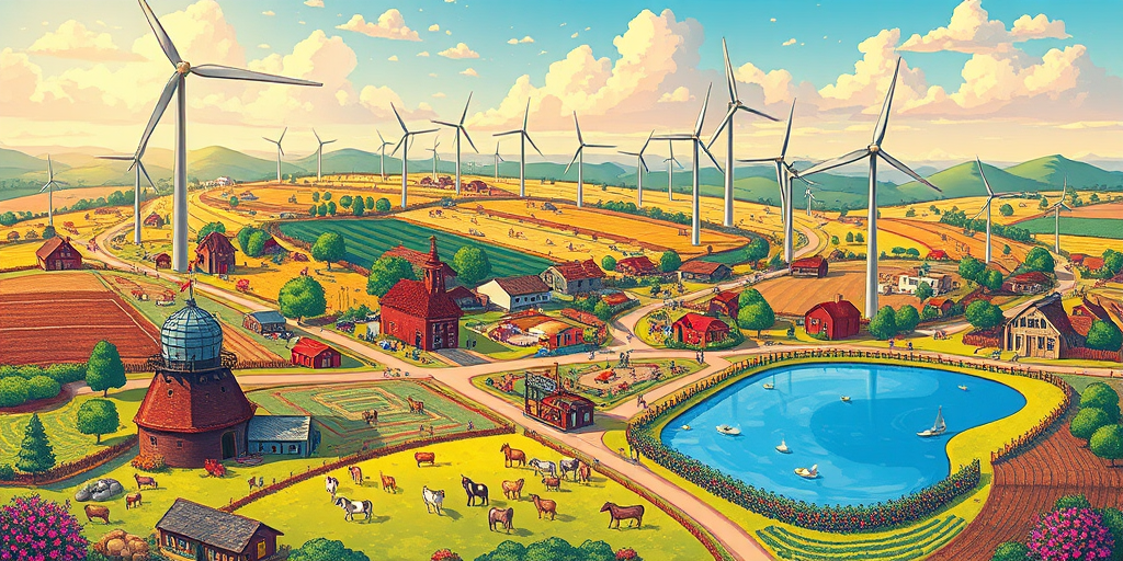 Create a vibrant, colorful illustration of a rural landscape blending urban elements with nature, featuring farms, wind turbines, animals, and various activities, using a wide-angle lens, f/8 aperture, ISO 200, 24mm focal length, shot in bright daylight with high saturation and contrast to enhance the details.