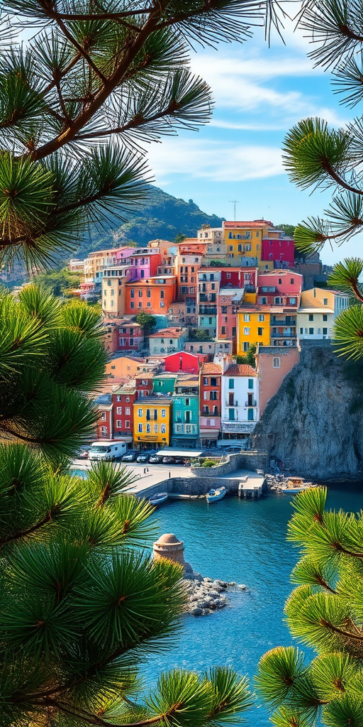 generate a vibrant landscape of a coastal town with colorful buildings on a hillside, framed by stylized pine trees in the foreground, captured with a Canon EOS R5 at f/8, ISO 100, 24mm, with a wide-angle view and high saturation for enhanced color quality