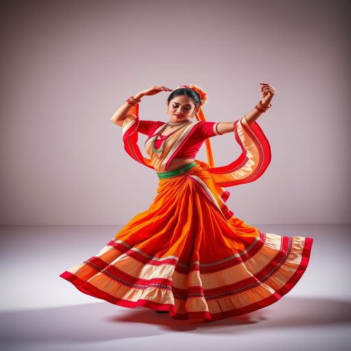 Create a vibrant image of a woman dancing in traditional attire with a bright orange and white skirt, captured in a dynamic pose, using a Canon EOS R5 camera with a 50mm lens, f/1.8 aperture, ISO 100, and 1/250s shutter speed, in a well-lit studio setting to enhance colors and details.