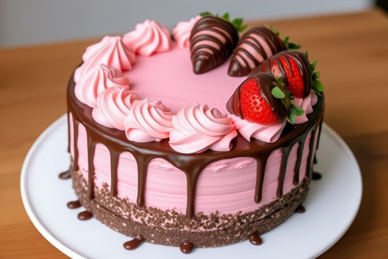 A beautifully decorated chocolate and strawberry cake featuring a smooth pink frosting adorned with swirls of pink icing and topped with chocolate-covered strawberries, drizzled with chocolate ganache, sitting on a white plate.