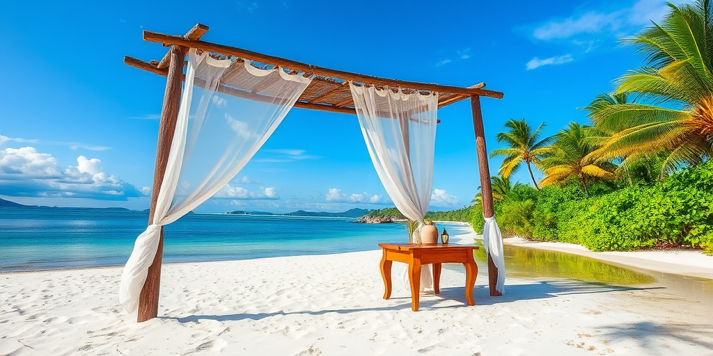 Create a picturesque tropical beach scene featuring a serene, white sandy shore. In the foreground, there's a rustic wooden canopy with white drapes gently flowing in the breeze. Underneath the canopy, a table is set with tropical decor, evoking a sense of relaxation and leisure. The beach extends into a calm, shallow water area with reflections of the sky and surroundings. Palm trees and lush greenery line the edge of the beach, providing a natural, tropical backdrop. The sky is clear with a few scattered clouds, and the overall atmosphere is tranquil and inviting, perfect for a peaceful retreat.