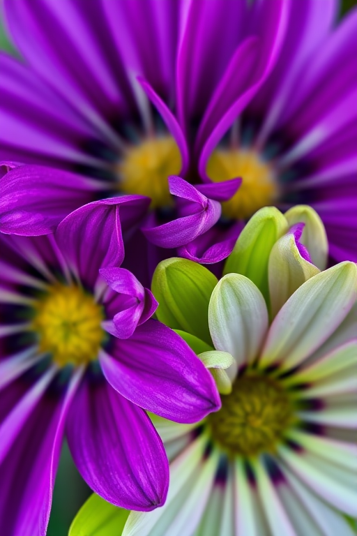 Create a vibrant close-up image of four colorful flowers with purple and green petals using a DSLR camera at f/2.8 aperture, ISO 100, 50mm lens, shot in natural light from a slightly elevated angle for enhanced depth and detail.