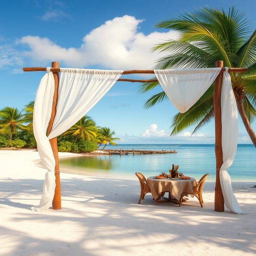 Create a picturesque tropical beach scene featuring a serene, white sandy shore. In the foreground, there's a rustic wooden canopy with white drapes gently flowing in the breeze. Underneath the canopy, a table is set with tropical decor, evoking a sense of relaxation and leisure. The beach extends into a calm, shallow water area with reflections of the sky and surroundings. Palm trees and lush greenery line the edge of the beach, providing a natural, tropical backdrop. The sky is clear with a few scattered clouds, and the overall atmosphere is tranquil and inviting, perfect for a peaceful retreat.