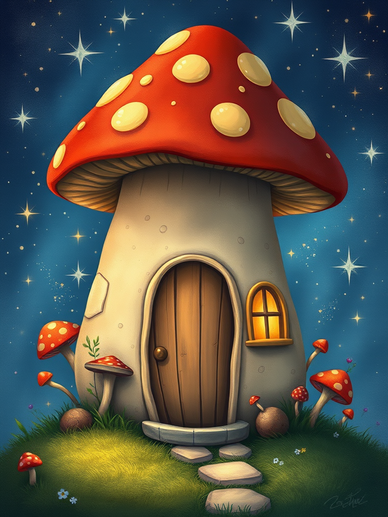 create illustration of a mushroom house with a door and a window, a storybook , fantasy art, mushroom house, bg starry sky, sparkles
