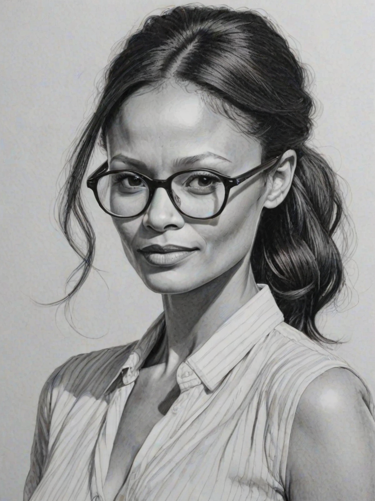 Splendid Thandie Newton, pencil sketch, portrait of Ravishing woman 1967s in glasses, hair style beatnik, outline, clear lines, fine lines, 8k
