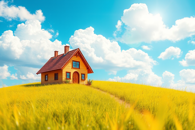 Create a vibrant digital illustration of a cozy house on a grassy hill under a bright blue sky with fluffy white clouds, using a wide-angle lens, low aperture for depth of field, and bright colors to enhance the cheerful atmosphere.
