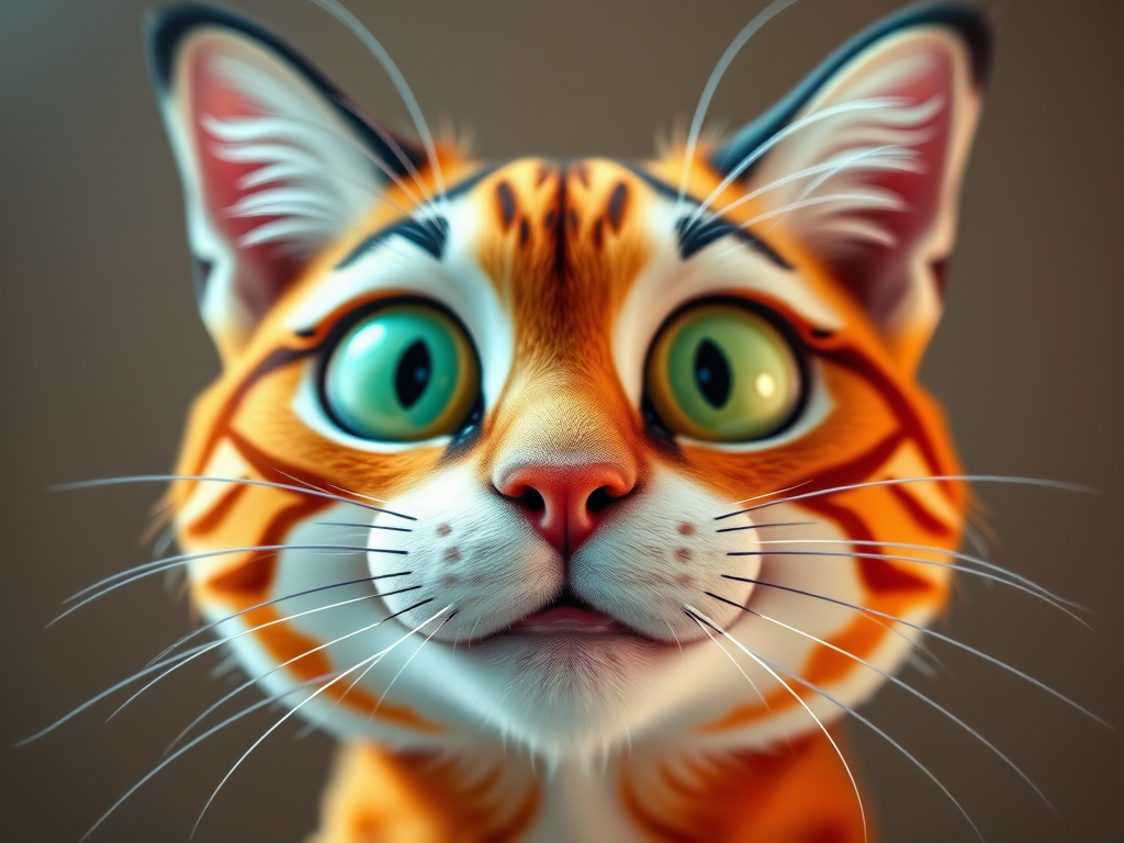 Generate a vibrant cartoon cat face with exaggerated features, using a Canon EOS R5 at f/2.8, 50mm lens, shot from a front view, in high dynamic range to enhance color saturation and detail.