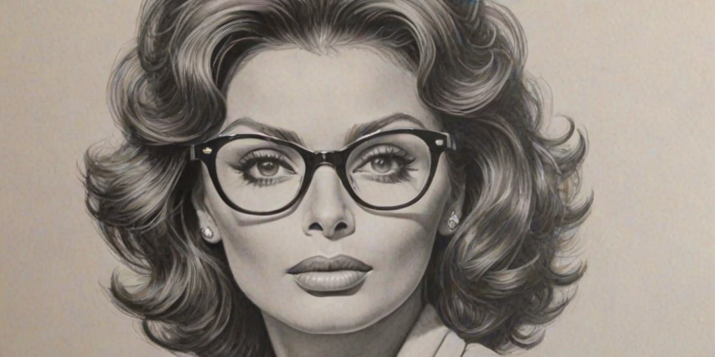 Ravishing Sophia Loren, pencil sketch, portrait of Gorgeous woman 1952s in glasses, hair style beatnik, outline, clear lines, fine lines, 8k