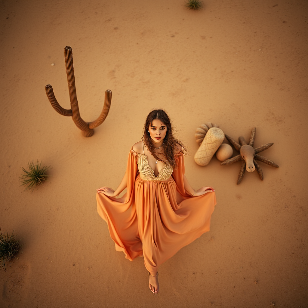 Desert setting, bohemian model, flowy dresses, earthy tones, rustic sunset effect,  equipped with a 12mm lens to capture an overhead view of the model, emphasizing symmetry and spatial positioning