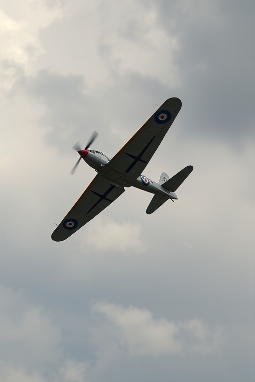 Capture a vintage airplane in mid-flight against a cloudy sky, using a DSLR camera with a 50mm lens, aperture set to f/4, shutter speed 1/500 sec, ISO 200, with a slightly low angle view to emphasize the aircraft's wingspan and details.