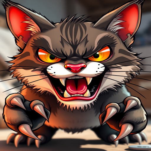 Regenerate a highly detailed illustration of an angry cartoon cat with exaggerated features, emphasizing sharp claws and a fierce expression, using a DSLR camera with a 50mm lens, aperture set to f/2.8, ISO 100, shot in natural light to enhance colors and contrast.