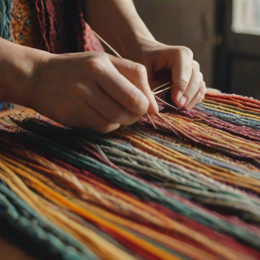 Close-up of a woman’s hands weaving a colorful tapestry, with yarns of different textures and shades displayed around her, soft light enhancing the details of her craft.