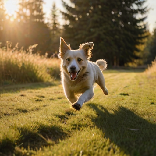 Blurry action shot of a dog running through a sunlit field at dusk, soft golden light casting long shadows on the grass, with a ball flying through the air and trees softly swaying in the background.