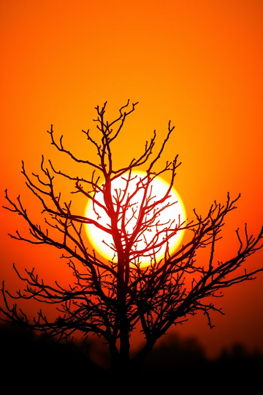 Capture a close-up image of a black silhouette of a tree against a bright orange sunset sky, using a Canon EOS R with a 50mm f/1.8 lens, aperture set to f/4, ISO 100, and a shutter speed of 1/250 seconds.