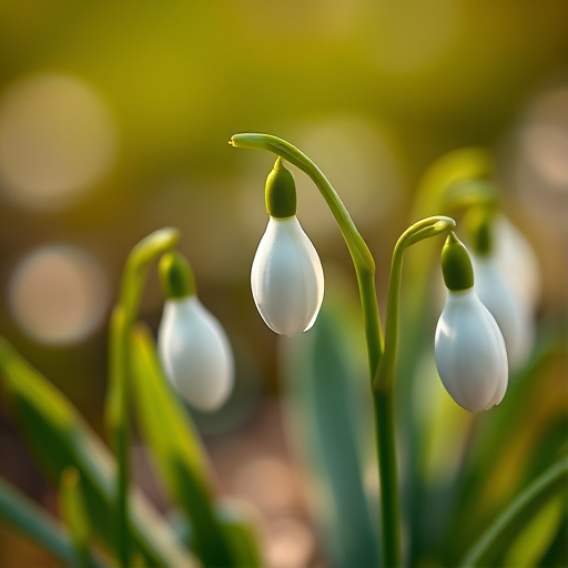 Capture a close-up of snowdrop flowers with soft bokeh background, use a Canon EOS R5 with an RF 100mm f/2.8L Macro IS USM lens, aperture set to f/2.8 for shallow depth of field, shutter speed at 1/200s, and ISO 200 for natural light enhancement.