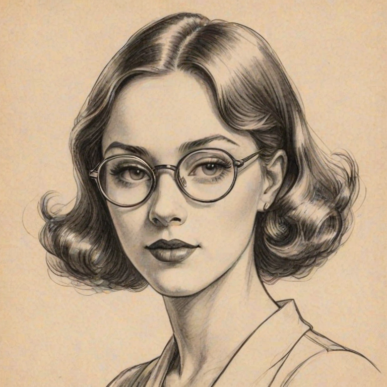 Fetching Doja Cat, pencil sketch, portrait of Graceful woman 1930s in glasses, hair style beatnik, outline, clear lines, fine lines, 8k