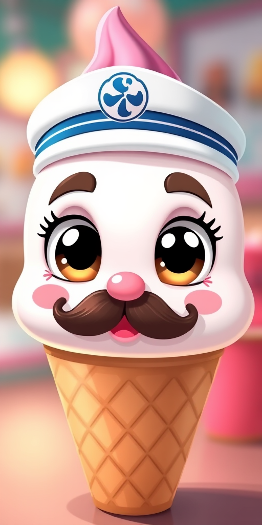 Create a cute cartoon ice cream character wearing a sailor hat and a mustache, with large expressive eyes, in a bright and colorful style, 50mm lens, f/2.8 aperture, shallow depth of field, high-resolution digital art.