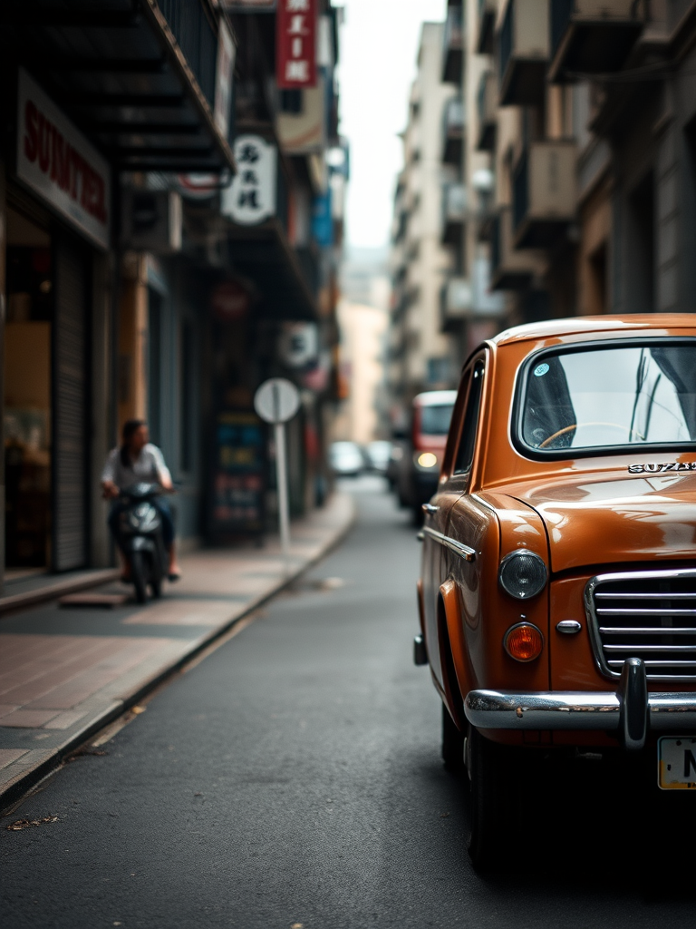 regenerate an image of a vintage Suzuki car parked on a narrow street, capturing the atmosphere of a bustling city with faded shopfronts in the background, using a DSLR camera, aperture f/2.8, shutter speed 1/100 sec, ISO 100, with a shallow depth of field to emphasize the car and a soft bokeh effect for the background.
