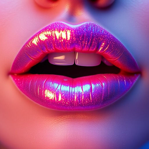 Shimmering holographic lips reflecting prismatic hues, iridescent shine creating mesmerizing depth, full and pouty appearance, futuristic and enchanting Cosmic Opal Sparkle style