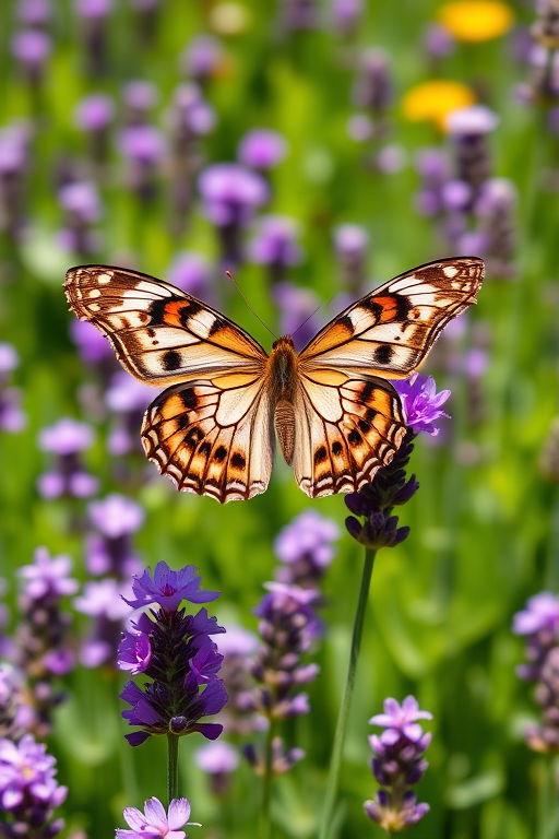 Generate an image of a butterfly perched on vibrant lavender flowers in a sunny field. The butterfly should display intricate patterns on its wings, and the background should be filled with lush green foliage and a variety of lavender blooms.
