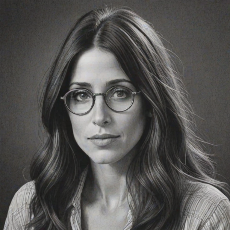 Graceful Soleil Moon Frye, pencil sketch, portrait of Captivating woman 1924s in glasses, hair style beatnik, outline, clear lines, fine lines, 8k
