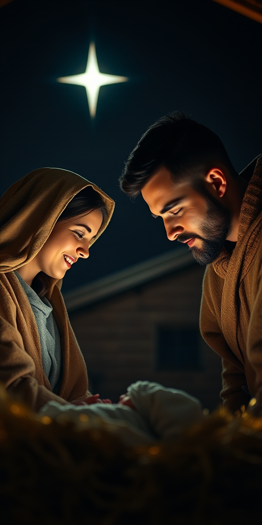 Regenerate an image of a serene nativity scene featuring a mother and father gazing lovingly at their newborn child, illuminated by a bright star in the night sky, soft warm lighting, depth of field, 50mm lens, f/1.8 aperture, ISO 100, captured with a full-frame DSLR, dramatic and emotional composition.