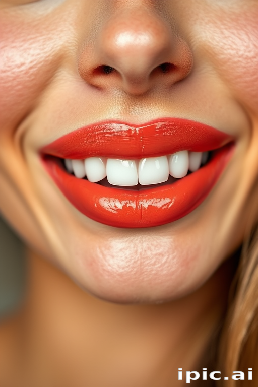 Vibrant coral woman lips with glossy sheen, framed by a radiant smile, enhancing natural beauty and youthful glow