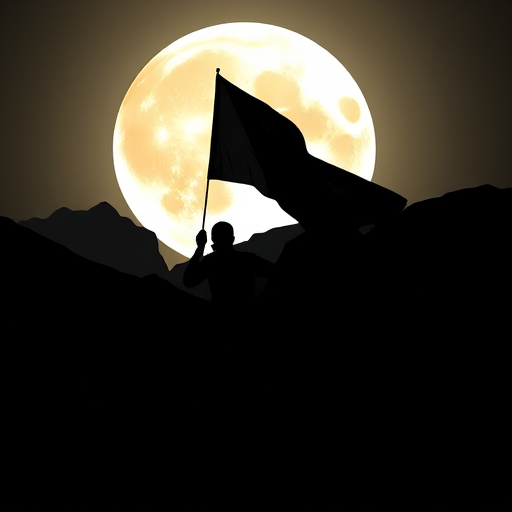 Create an image of a silhouette of a person running with a flag in front of a large moon, mountains in the background, captured with a DSLR camera, aperture f/4, ISO 100, shutter speed 1/250s, in a landscape orientation.